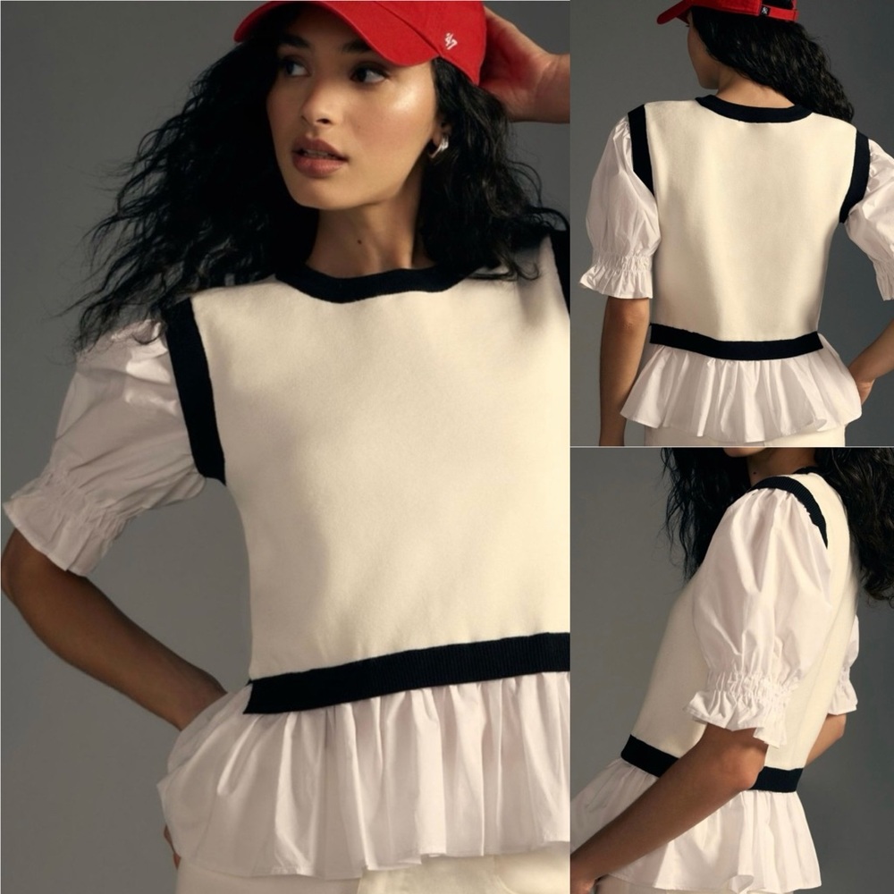 NWT! Anthropologie Layered Poplin Sweater Top in White, Off White, Black size XS - Picture 10 of 10